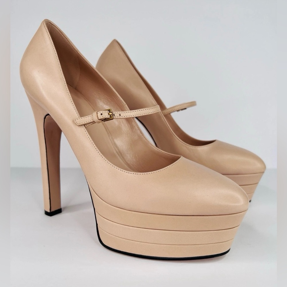 Gucci Plato Malaga Leather Platform Mary Jane Marmont Heel Pump Size EU 41